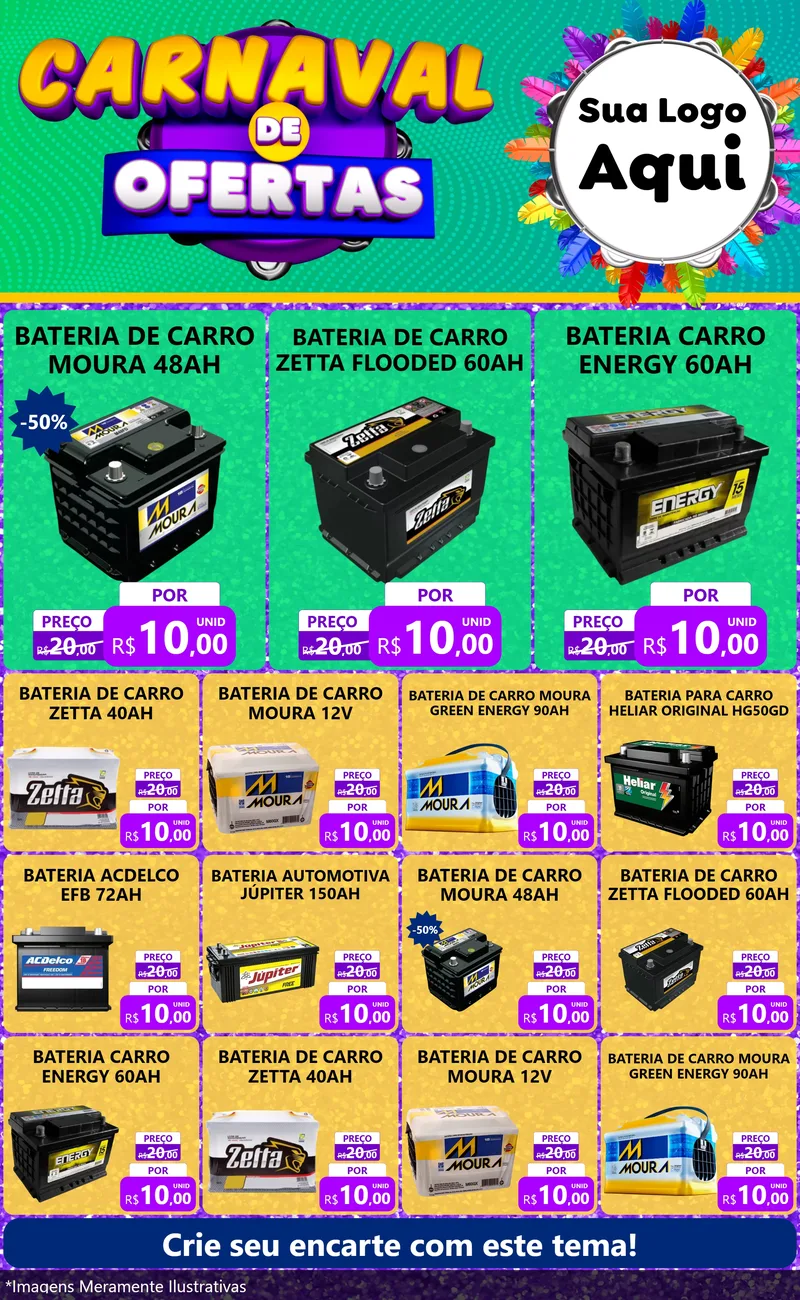 Modelo de Encarte para Encarte Grande com o tema Carnaval de Ofertas para Baterias Elétricas