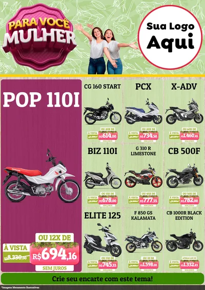 Modelo de Encarte para Encarte A4 Vertical com o tema Para Você Mulher para Concessionaria de Motos