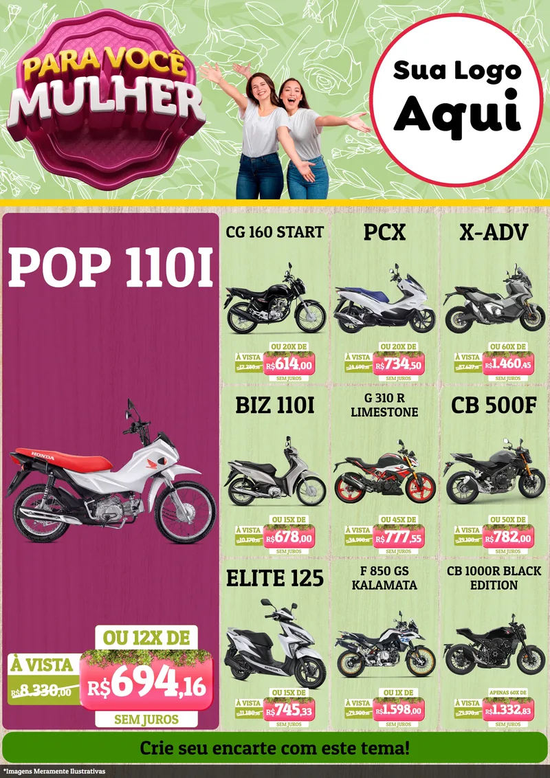 Modelo de Encarte para Encarte A4 Vertical com o tema Para Você Mulher para Concessionaria de Motos