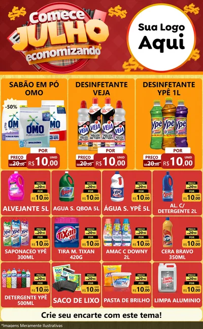 Modelo de Encarte para Encarte Grande com o tema Comece Julho Economizando para Produtos de Limpeza