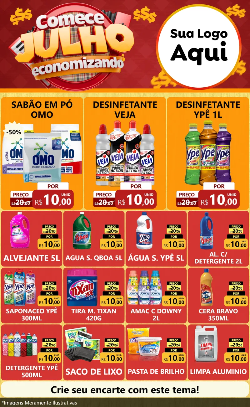 Modelo de Encarte para Encarte Grande com o tema Comece Julho Economizando para Produtos de Limpeza