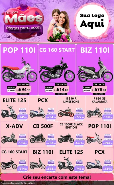 Modelo de Encarte para Encarte Grande com o tema Dia das Mães Ofertas para Você! para Concessionaria de Motos