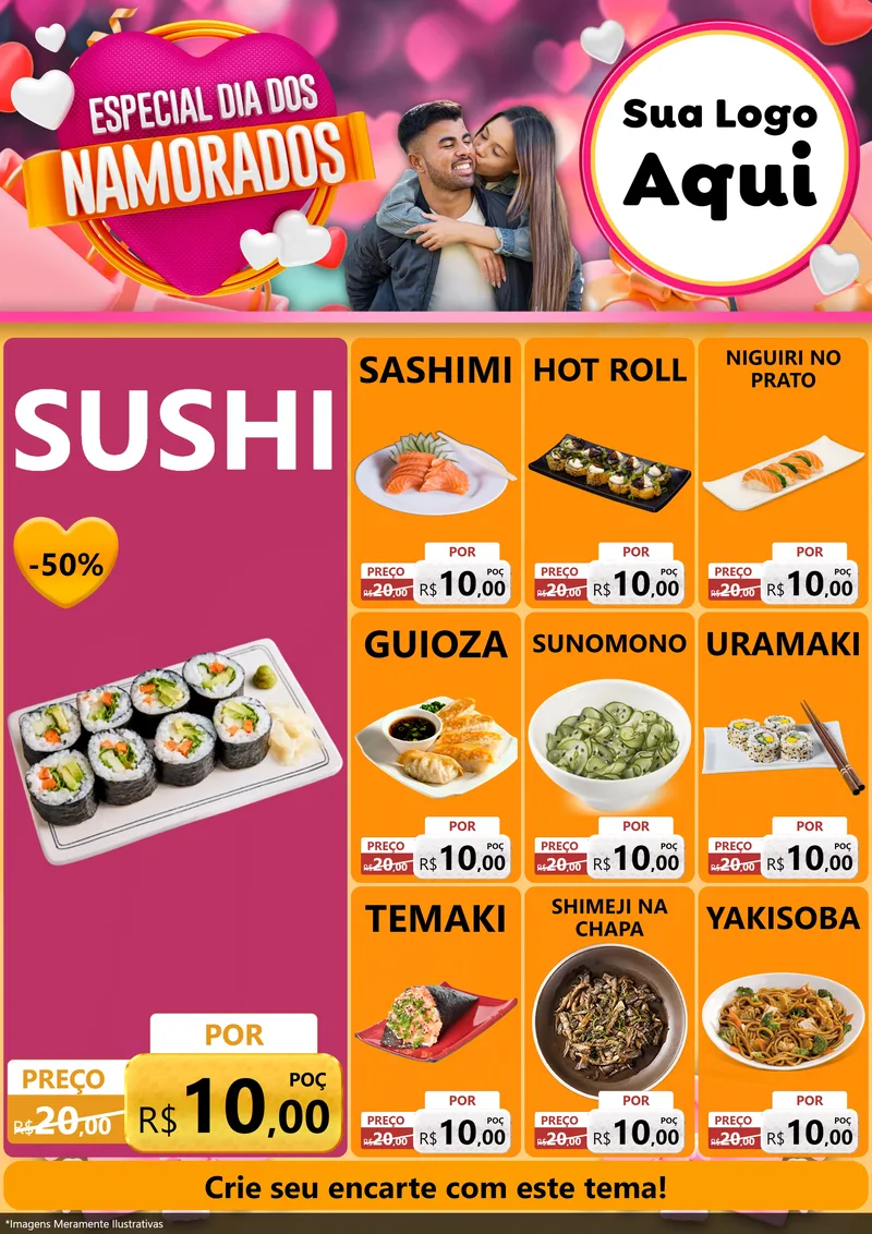 Modelo de Encarte para Encarte A4 Vertical com o tema Especial Dia dos Namorados para Comida japonesa