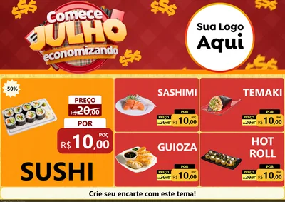 Modelo de Encarte para Encarte A4 Horizontal com o tema Comece Julho Economizando para Comida japonesa