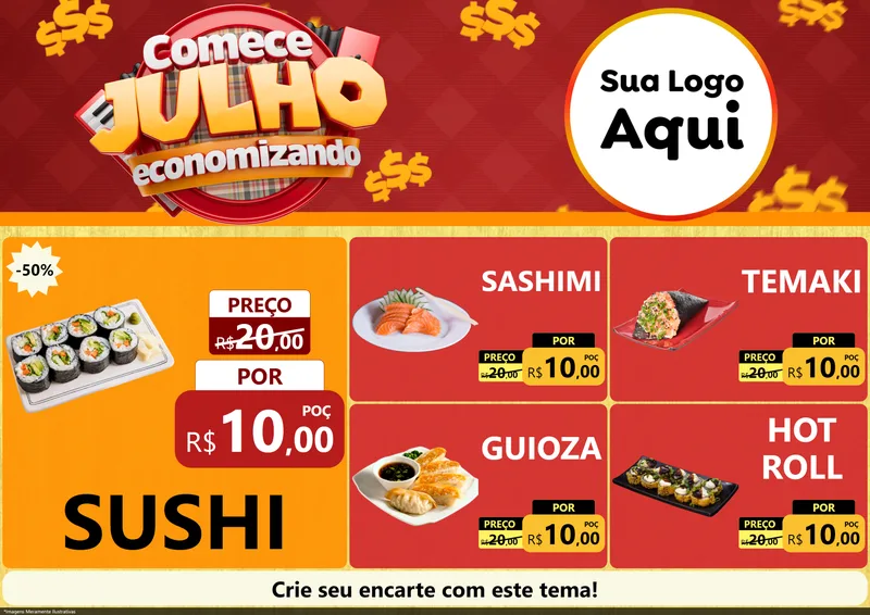Modelo de Encarte para Encarte A4 Horizontal com o tema Comece Julho Economizando para Comida japonesa