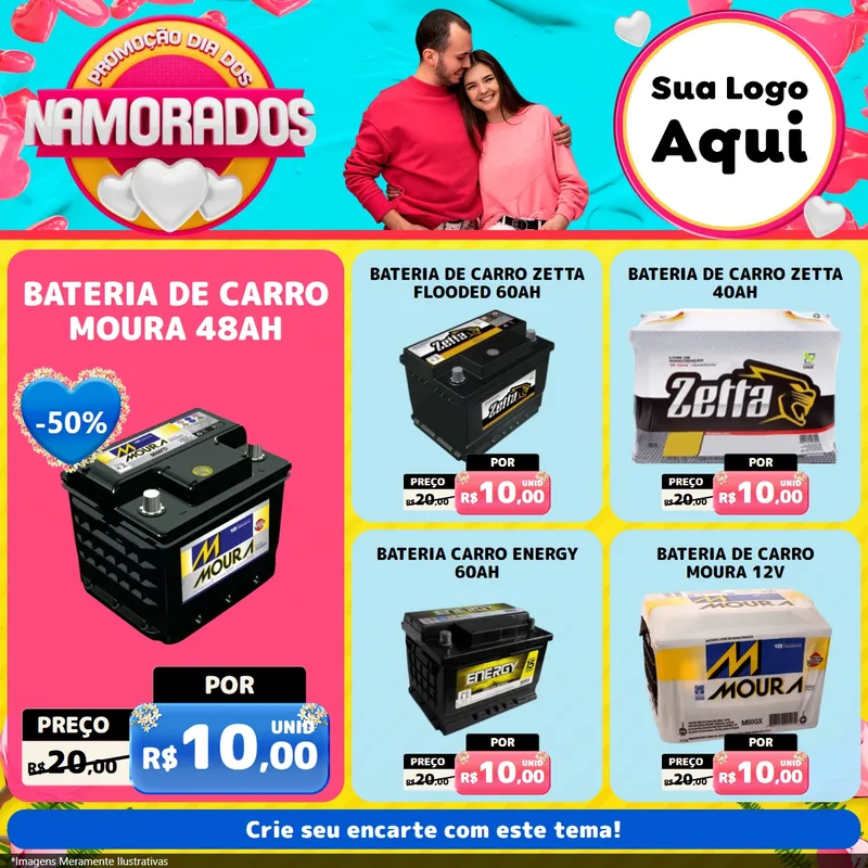 Modelo de Rede Social para Feed Facebook com o tema Promoção Dia dos Namorados para Baterias Elétricas