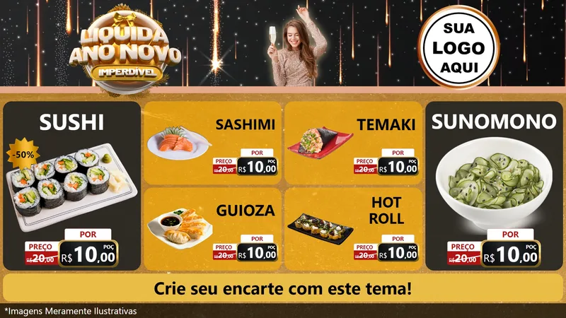 Modelo de TV para TV Horizontal com o tema Liquida Ano Novo Imperdível para Comida japonesa