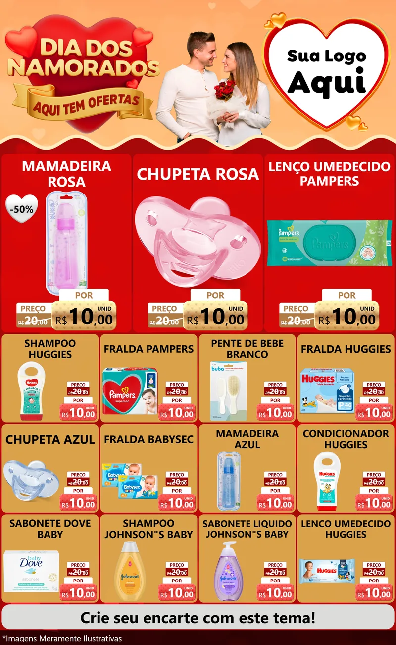 Modelo de Encarte para Encarte Grande com o tema Dia dos Namorados - Aqui Tem Ofertas para Bebês