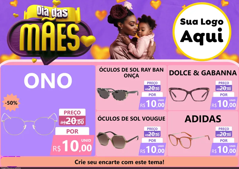 Modelo de Encarte para Encarte A4 Horizontal com o tema Dia das Mães para Óticas