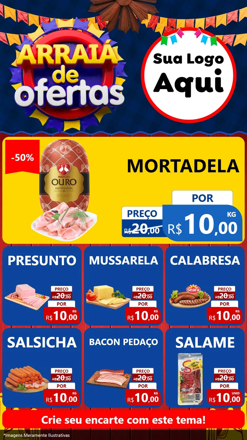 Modelo de Rede Social para Stories com o tema Arraiá de Ofertas para Frios e Laticínios