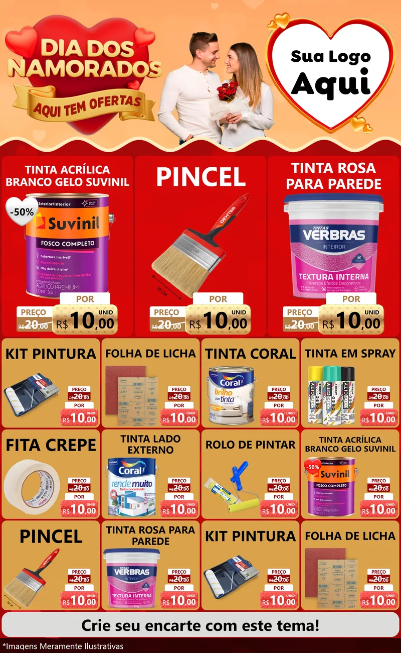 Modelo de Encarte para Encarte Grande com o tema Dia dos Namorados - Aqui Tem Ofertas para Tintas e Ferramentas