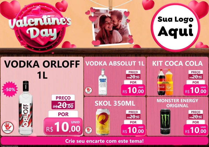 Modelo de Encarte para Encarte A4 Horizontal com o tema Valentine's Day para Distribuidora de bebidas