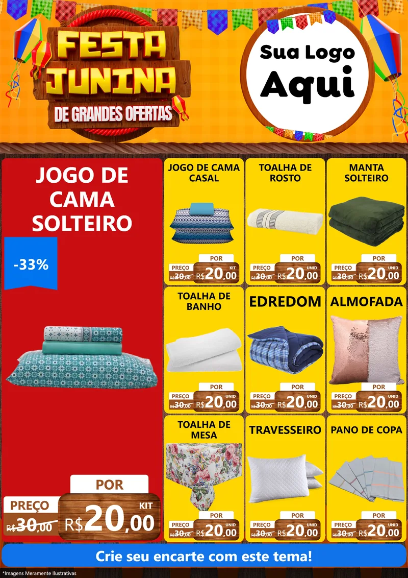 Modelo de Encarte para Encarte A4 Vertical com o tema Festa Junina de Grandes Ofertas para Cama, Mesa e Banho