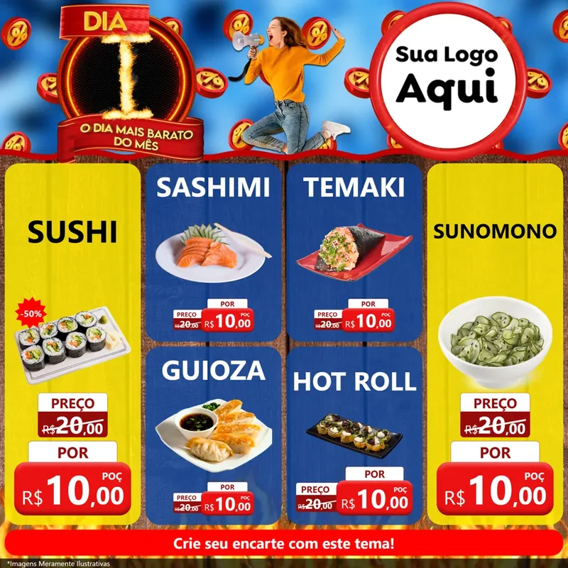 Modelo de Rede Social para Feed Facebook com o tema Dia I - O Dia Mais Barato Do Mês para Comida japonesa