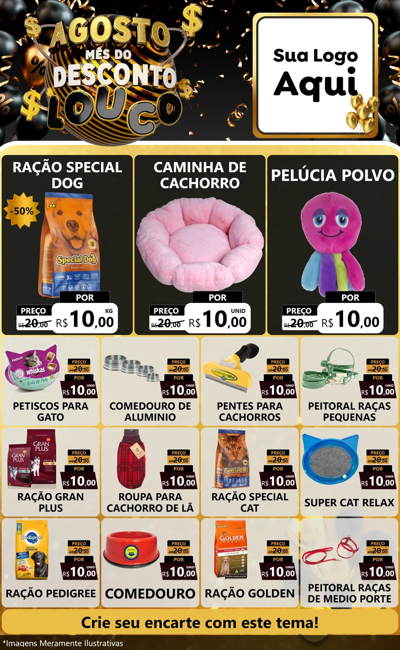 Modelo de Encarte para Encarte Grande com o tema Agosto Mês do Desconto Louco para Pet Shop