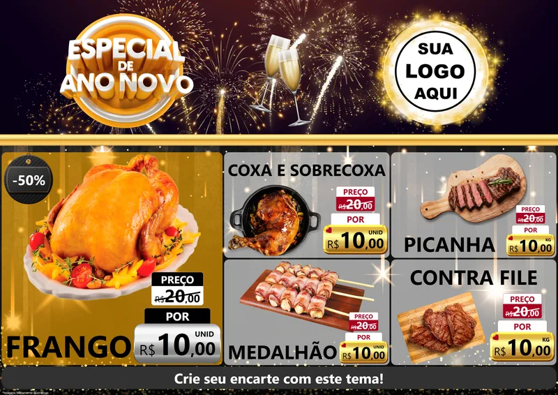 Modelo de Encarte para Encarte A4 Horizontal com o tema Especial de Ano Novo para Assados