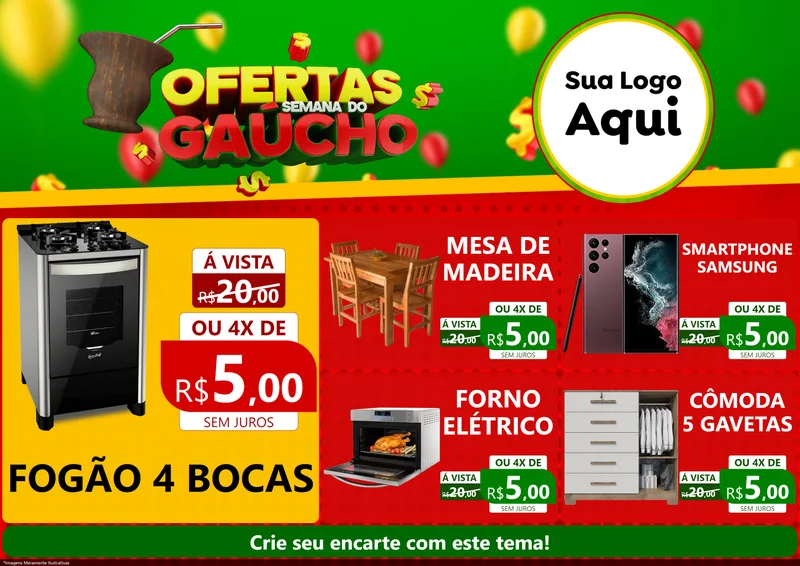 Modelo de Encarte para Encarte A4 Horizontal com o tema Ofertas Semana Do Gaúcho para Móveis e Eletro