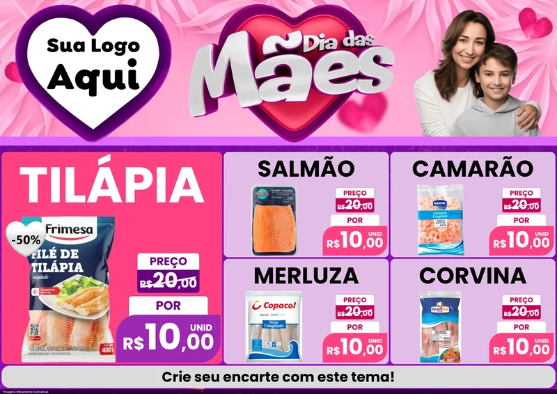 Modelo de Encarte para Encarte A4 Horizontal com o tema Dia das Mães para Peixaria