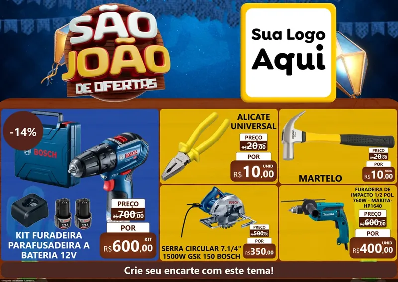 Modelo de Encarte para Encarte A4 Horizontal com o tema São João Ofertas Imbatíveis! - Junina para Maquinas e Ferramentas