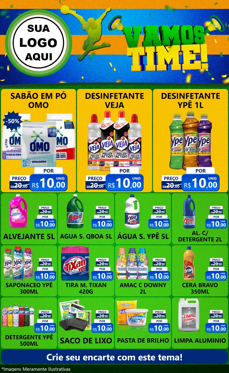 Modelo de Encarte para Encarte Grande com o tema Vamos Time! para Produtos de Limpeza