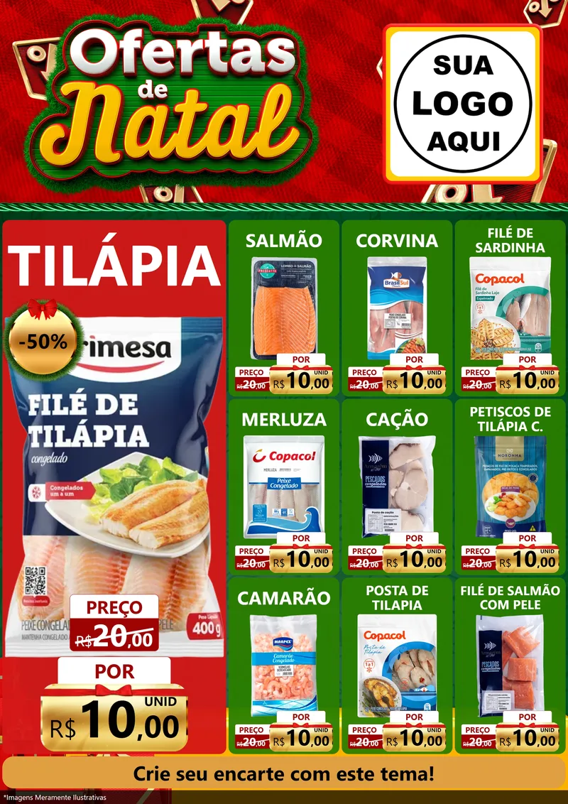 Modelo de Encarte para Encarte A4 Vertical com o tema Ofertas de Natal para Peixaria