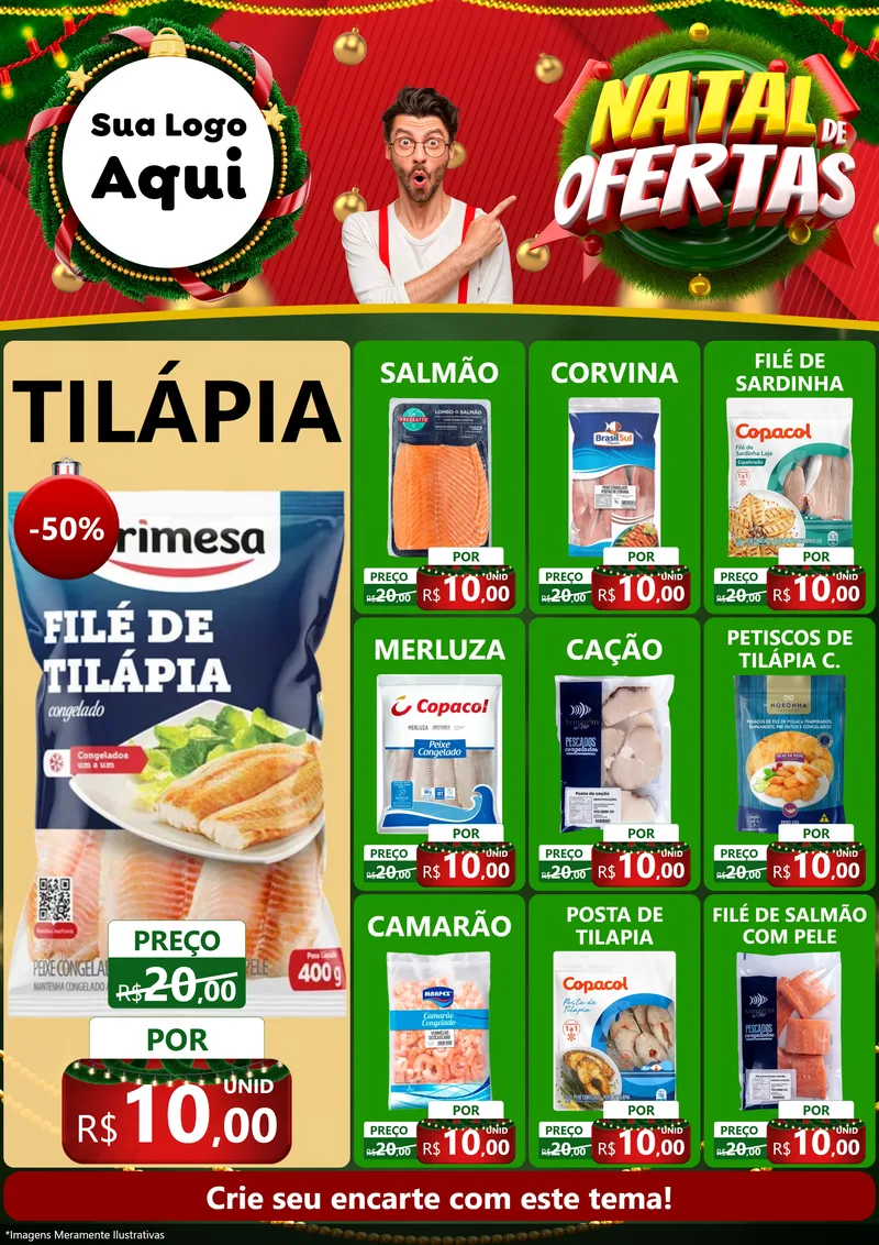 Modelo de Encarte para Encarte A4 Vertical com o tema Natal de Ofertas para Peixaria