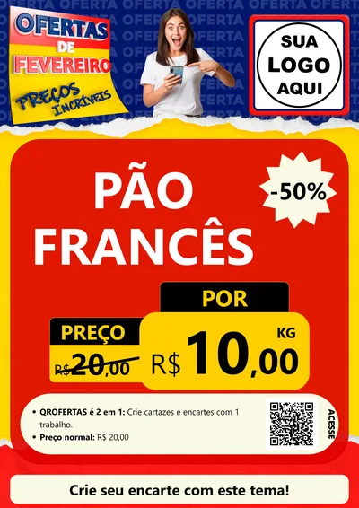 Modelo de Cartaz para Cartaz A4 Vertical com o tema Ofertas de Fevereiro - Preços Incríveis para Padaria
