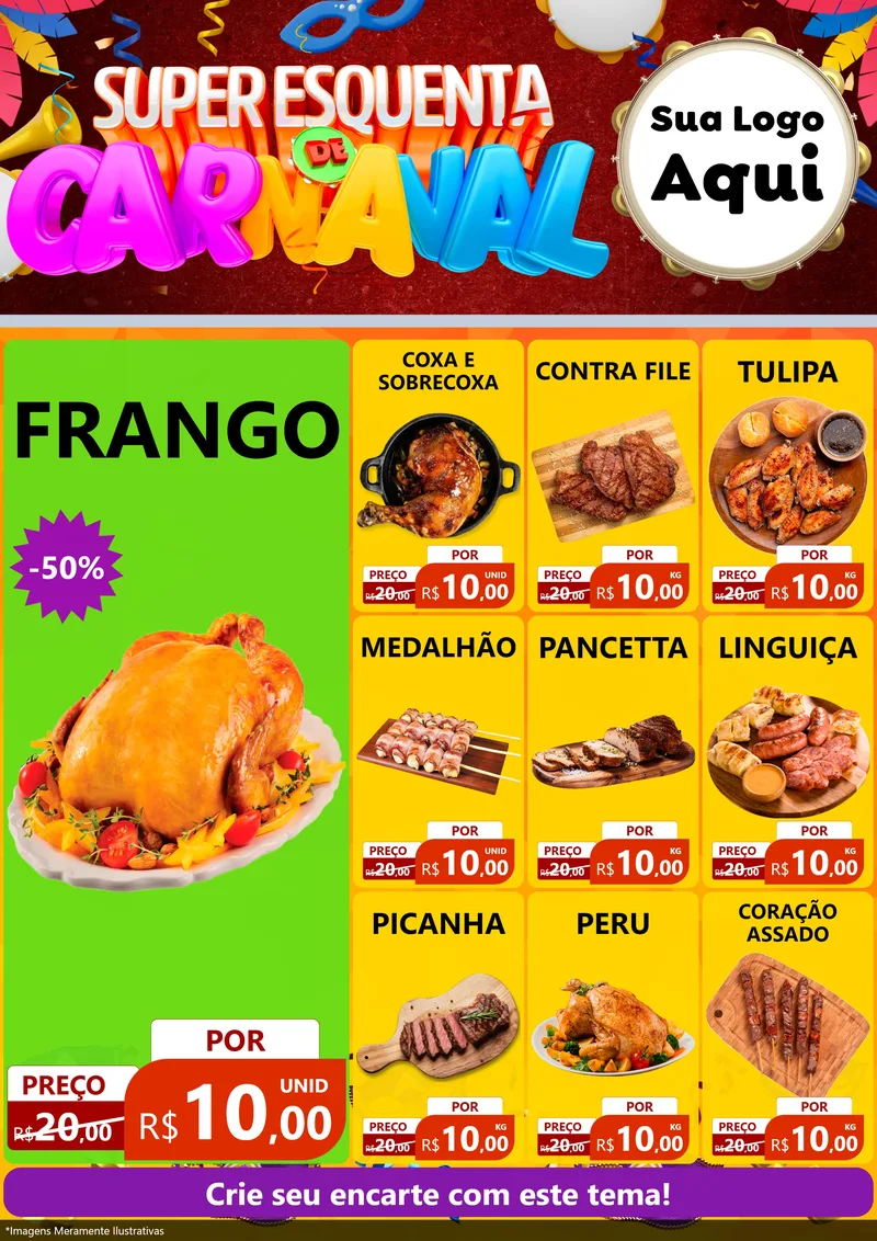Modelo de Encarte para Encarte A4 Vertical com o tema Super Esquenta de Carnaval para Assados