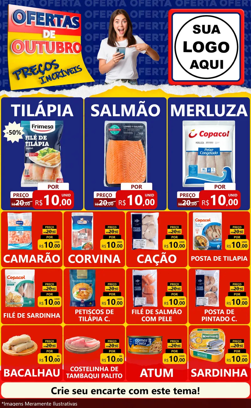 Modelo de Encarte para Encarte Grande com o tema Ofertas de Outubro - Preços Incríveis para Peixaria