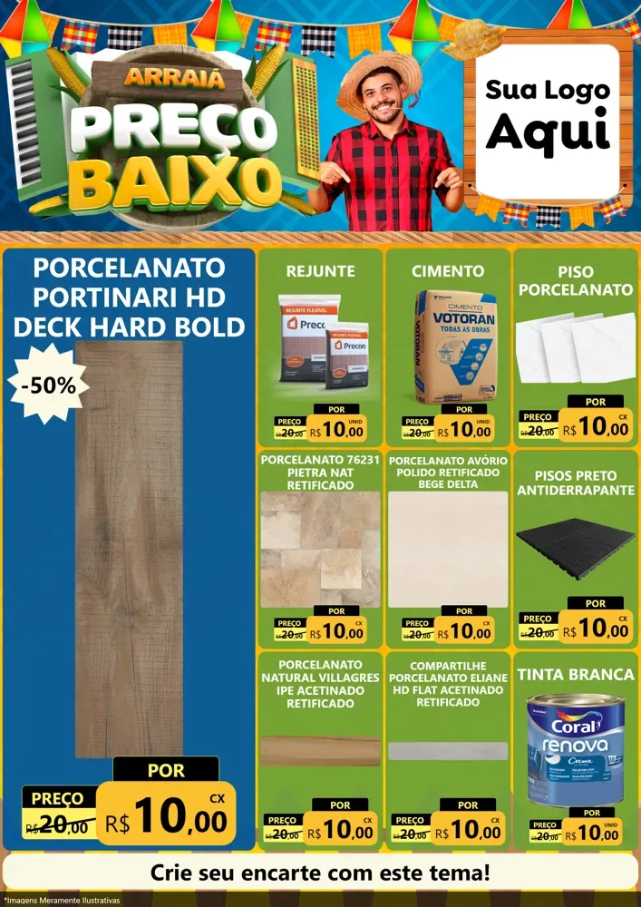 Modelo de Encarte para Encarte A4 Vertical com o tema Arraiá de Preço Baixo - Junina para Pisos e revestimentos