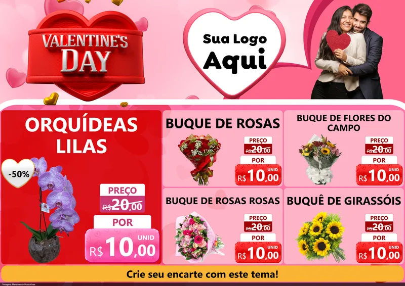 Modelo de Encarte para Encarte A4 Horizontal com o tema Valentine's Day para Floricultura e jardim