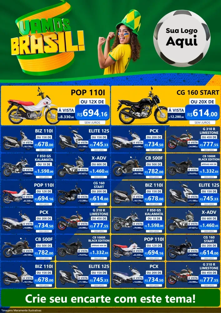 Modelo de Encarte para Encarte A4 Vertical com o tema Vamos Brasil - Copa para Concessionaria de Motos