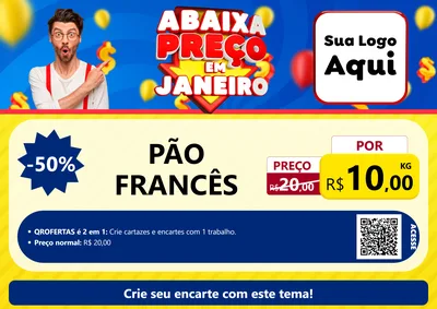 Modelo de Cartaz para Cartaz A4 Horizontal com o tema Abaixa Preço em Janeiro para Padaria