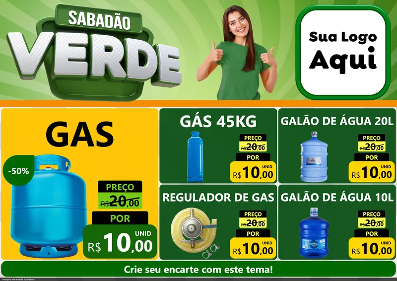Modelo de Encarte para Encarte A4 Horizontal com o tema Sabadão Verde para Água e gás
