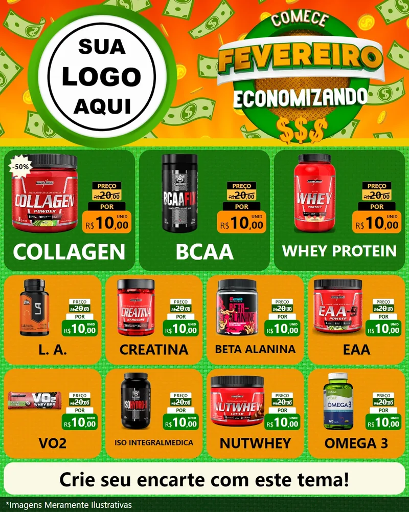 Modelo de Rede Social para Feed Instagram com o tema Comece Fevereiro Economizando para Suplementos alimentares