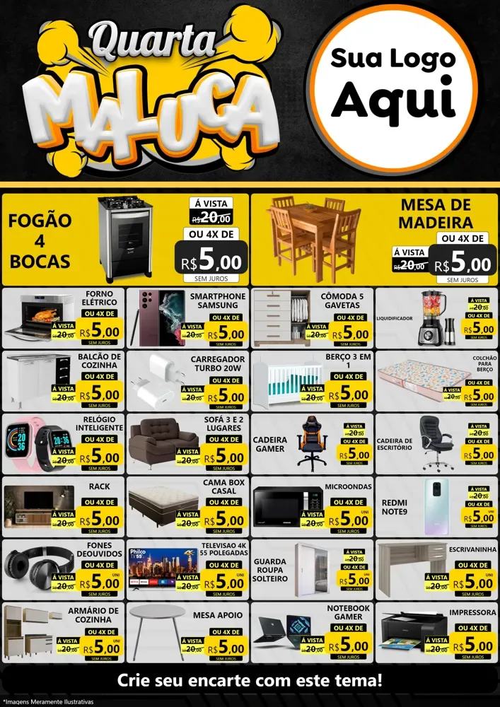Modelo de Encarte para Encarte A4 Vertical com o tema Quarta Maluca para Móveis e Eletro