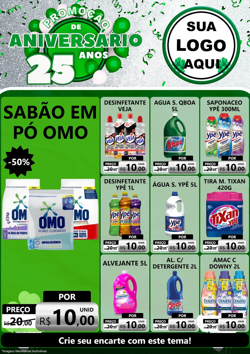 Modelo de Encarte para Encarte A4 Vertical com o tema Promoção de Aniversário - 25 Anos para Produtos de Limpeza