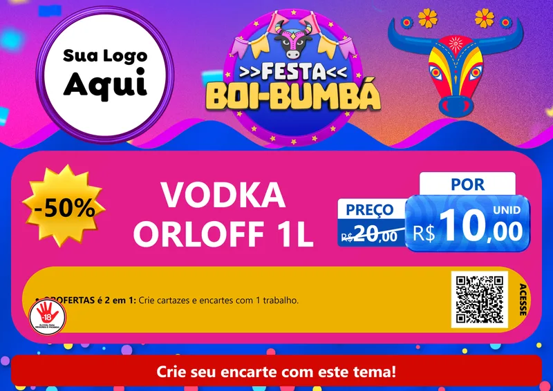 Modelo de Cartaz para Cartaz A4 Horizontal com o tema Festa Boi-Bumbá para Distribuidora de bebidas