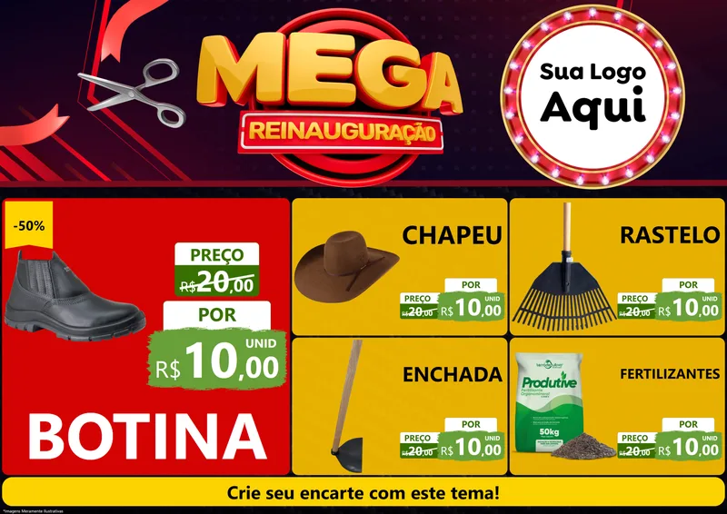 Modelo de Encarte para Encarte A4 Horizontal com o tema Mega Reinauguração para Agropecuária