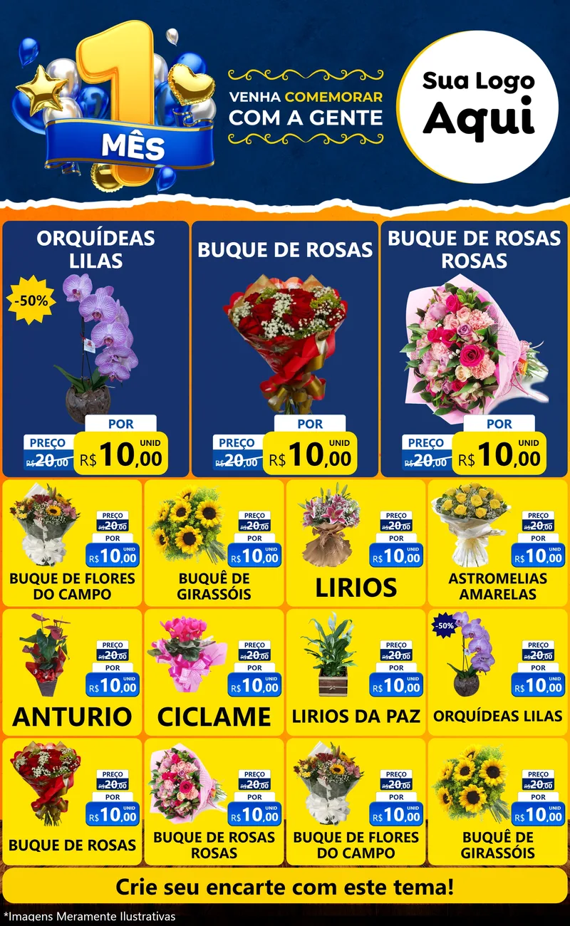 Modelo de Encarte para Encarte Grande com o tema Um Mês de Aniversário para Floricultura e jardim