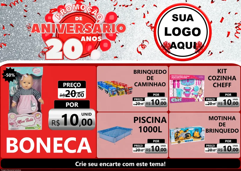 Modelo de Encarte para Encarte A4 Horizontal com o tema Promoção de Aniversário - 20 Anos para Brinquedos