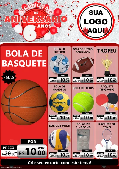 Modelo de Encarte para Encarte A4 Vertical com o tema Promoção de Aniversário - 6 Anos para Artigos Esportivos