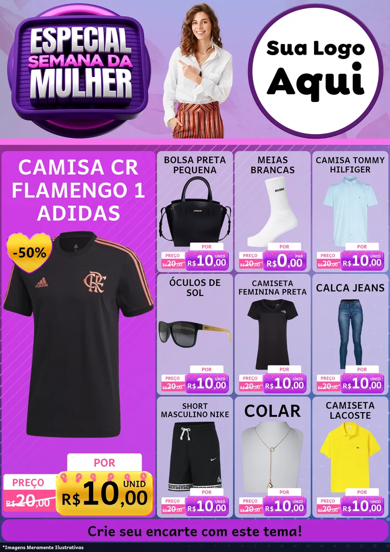 Modelo de Encarte para Encarte A4 Vertical com o tema Especial Semana da Mulher para Roupas e acessórios