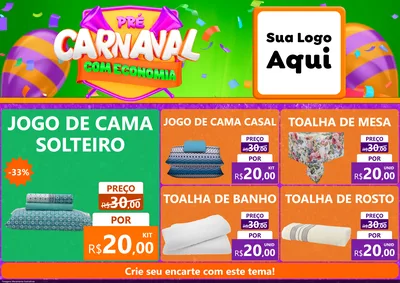Modelo de Encarte para Encarte A4 Horizontal com o tema Pré-Carnaval Com Economia para Cama, Mesa e Banho