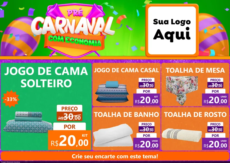 Modelo de Encarte para Encarte A4 Horizontal com o tema Pré-Carnaval Com Economia para Cama, Mesa e Banho