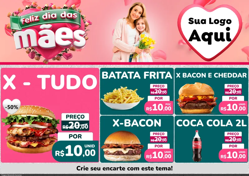 Modelo de Encarte para Encarte A4 Horizontal com o tema Feliz Dia das Mães para Hamburgueria