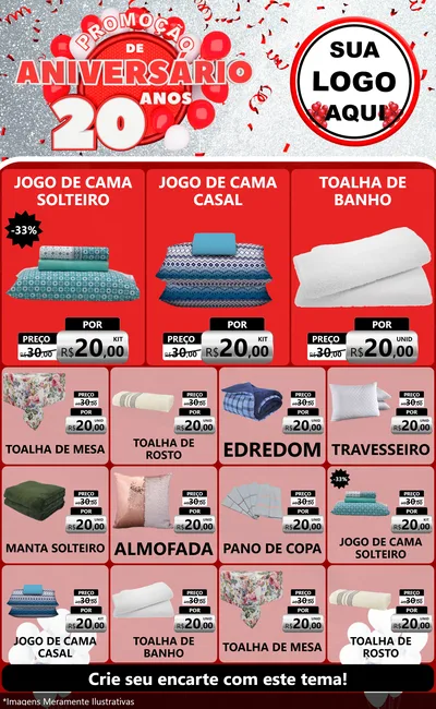 Modelo de Encarte para Encarte Grande com o tema Promoção de Aniversário - 20 Anos para Cama, Mesa e Banho
