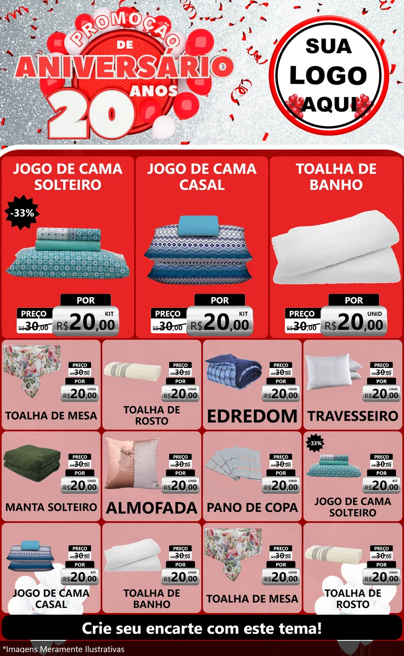Modelo de Encarte para Encarte Grande com o tema Promoção de Aniversário - 20 Anos para Cama, Mesa e Banho