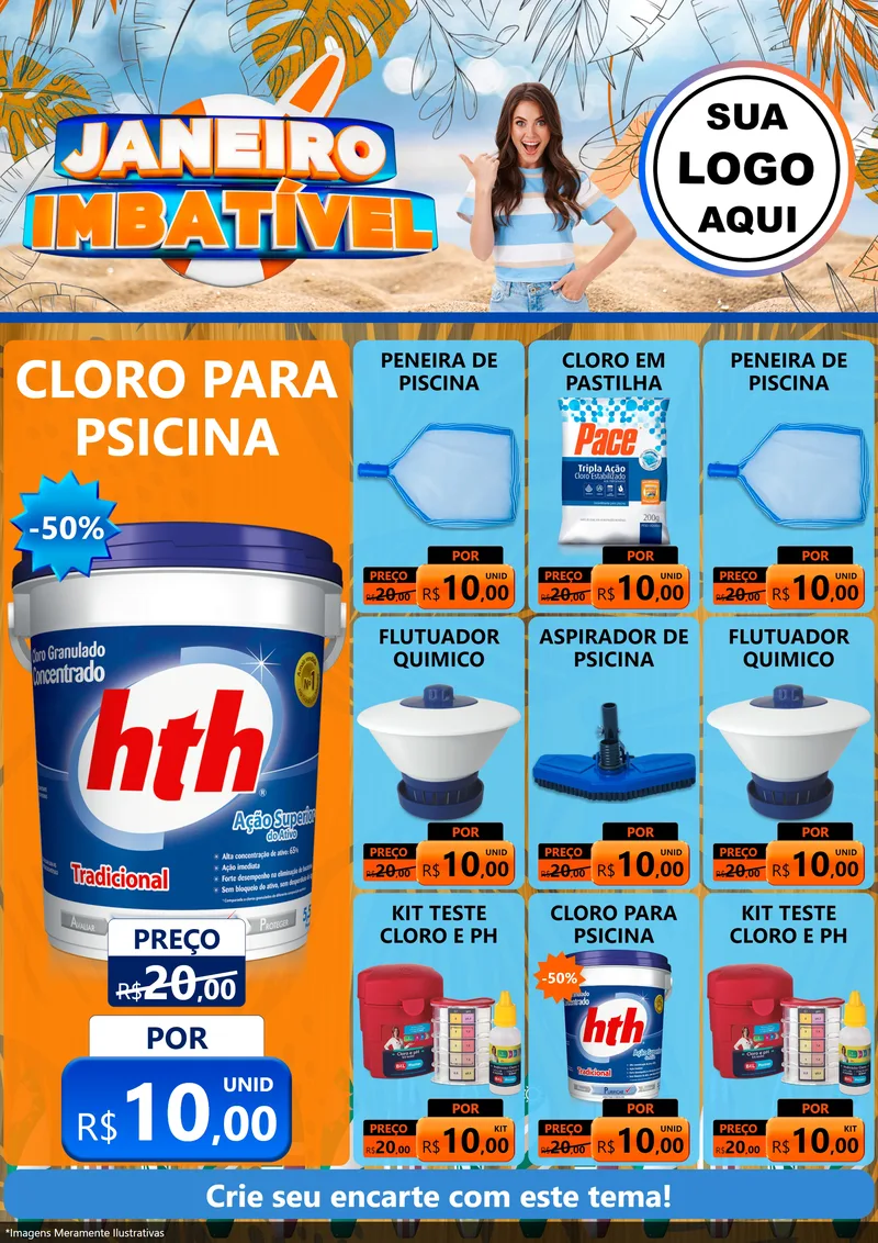 Modelo de Encarte para Encarte A4 Vertical com o tema Janeiro Imbatível para Produtos para Piscina