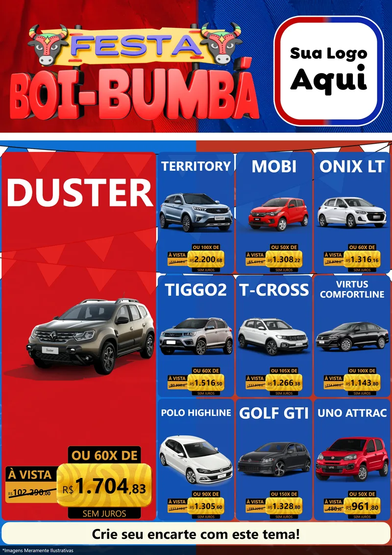 Modelo de Encarte para Encarte A4 Vertical com o tema Festa Boi Bumbá para Concessionaria de Carros